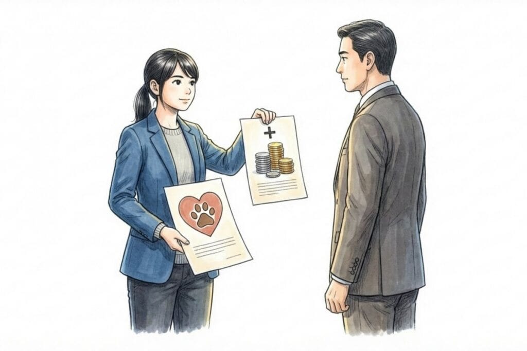 ペット飼育の許可交渉で、敷金の積み増しなど条件提示（コインとプラス記号）を説明する場面のイメージ