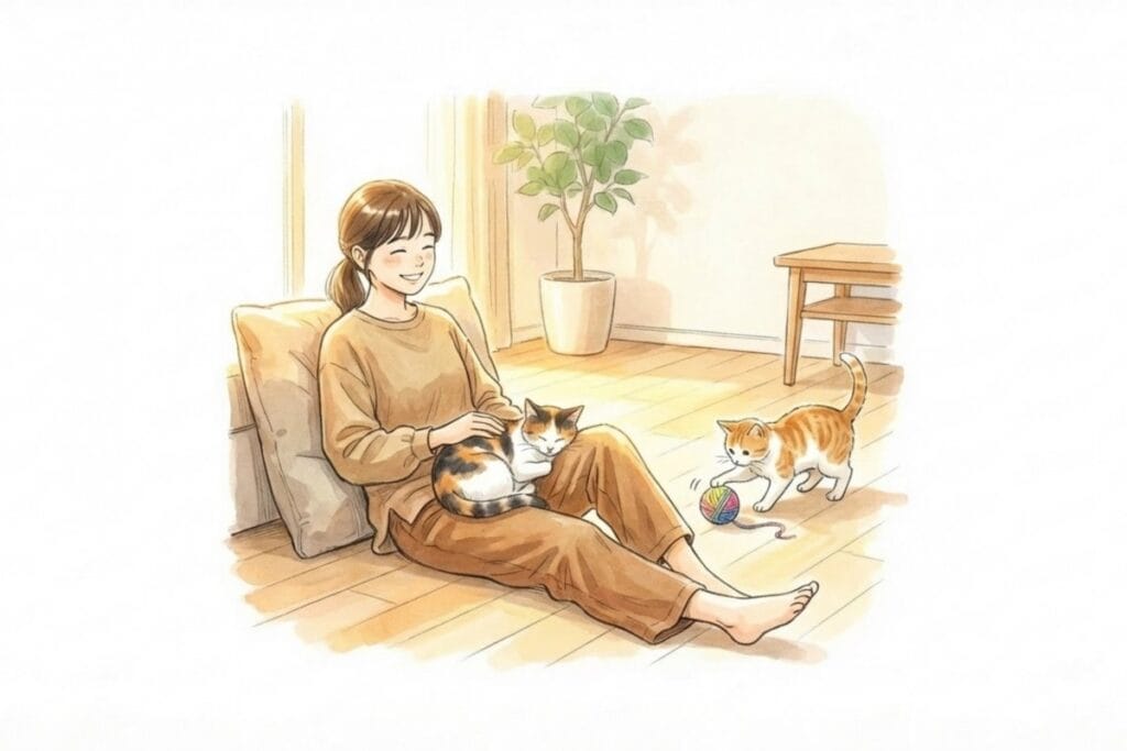 賃貸の室内で猫2匹と暮らし、1匹は膝で眠りもう1匹は遊ぶ落ち着いた生活のイメージ