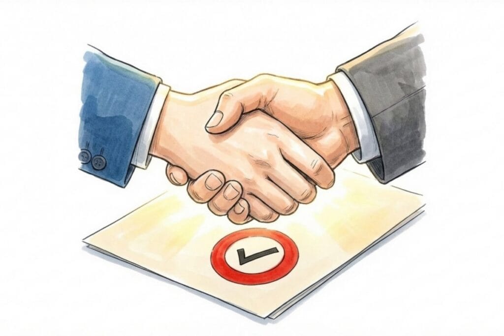 管理会社・大家との交渉が合意に至り、書面にチェックが入った状態で握手する（許可取得と合意のイメージ）
