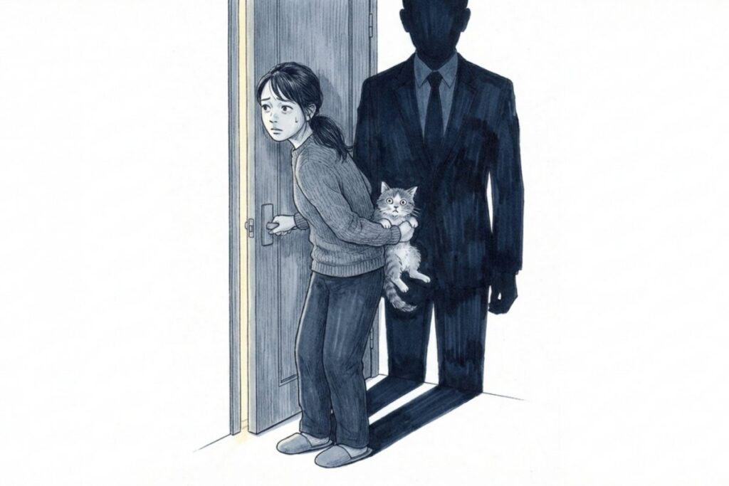 点検や立ち入りの場面で玄関を開け、抱えた猫が見えて無断飼育が発覚しそうになる賃貸のイメージ