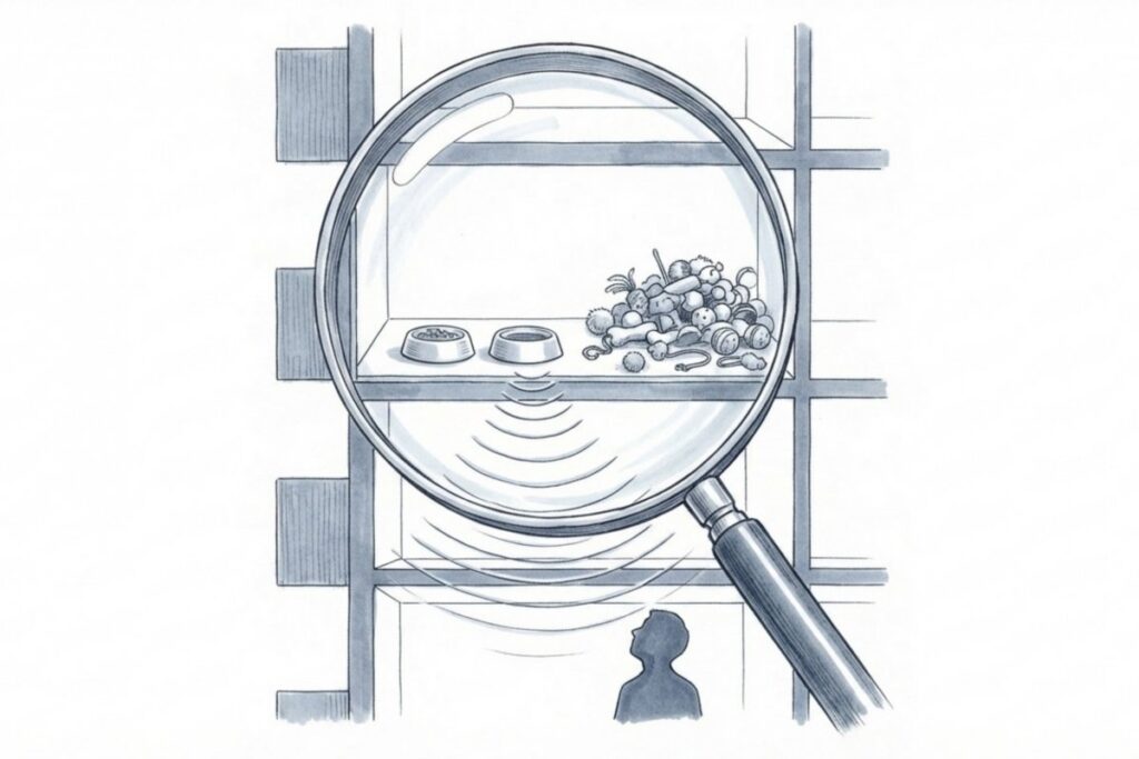 賃貸の室内で増えたペット用品や物音の痕跡が拡大鏡で見つかる様子（多頭飼育がバレる原因のイメージ）