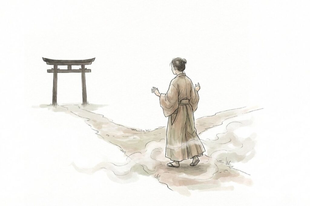 ペットの忌中・喪中に神社へ行く判断を考え、鳥居へ続く道の前で迷う人物のイラスト