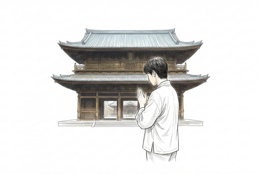 厄払い・祈祷の前に心を整えるイメージとして、社寺の建物の前で手を合わせて祈る参拝者のイラスト