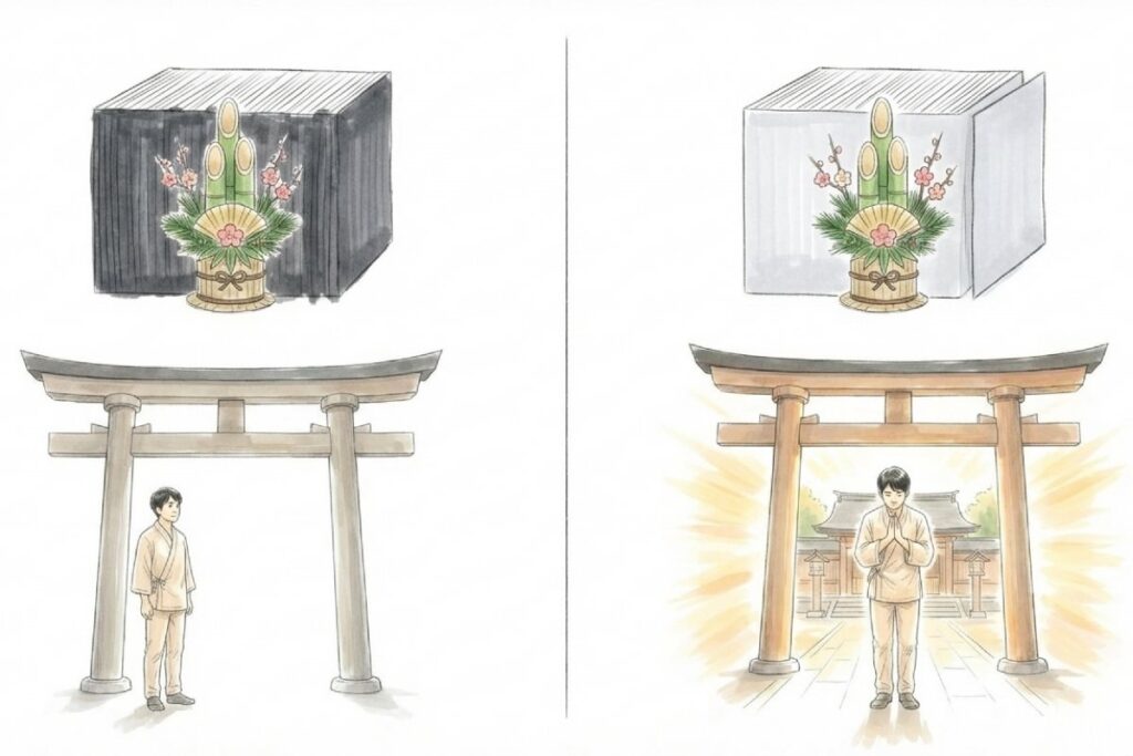 忌中と喪中の違いを比較するイメージとして、暗い状態と明るい状態で門松と鳥居、参拝の様子を対比した図