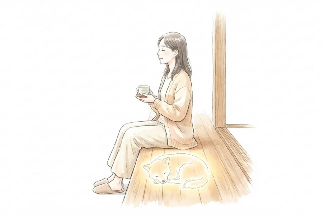 ペットを偲び心を落ち着ける場面として、縁側で過ごす飼い主のそばにペットの思い出を象徴するシルエットが描かれたイラスト