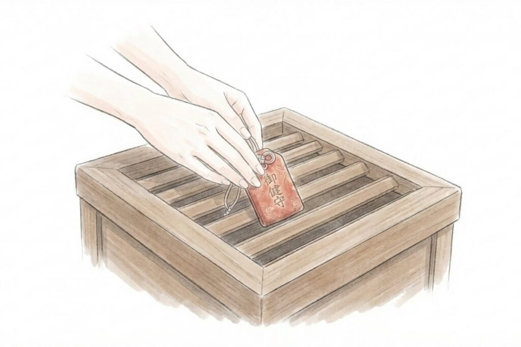 お守り返納のマナーを表すイメージとして、神社の古札納所にお守りを納める手元を描いたイラスト