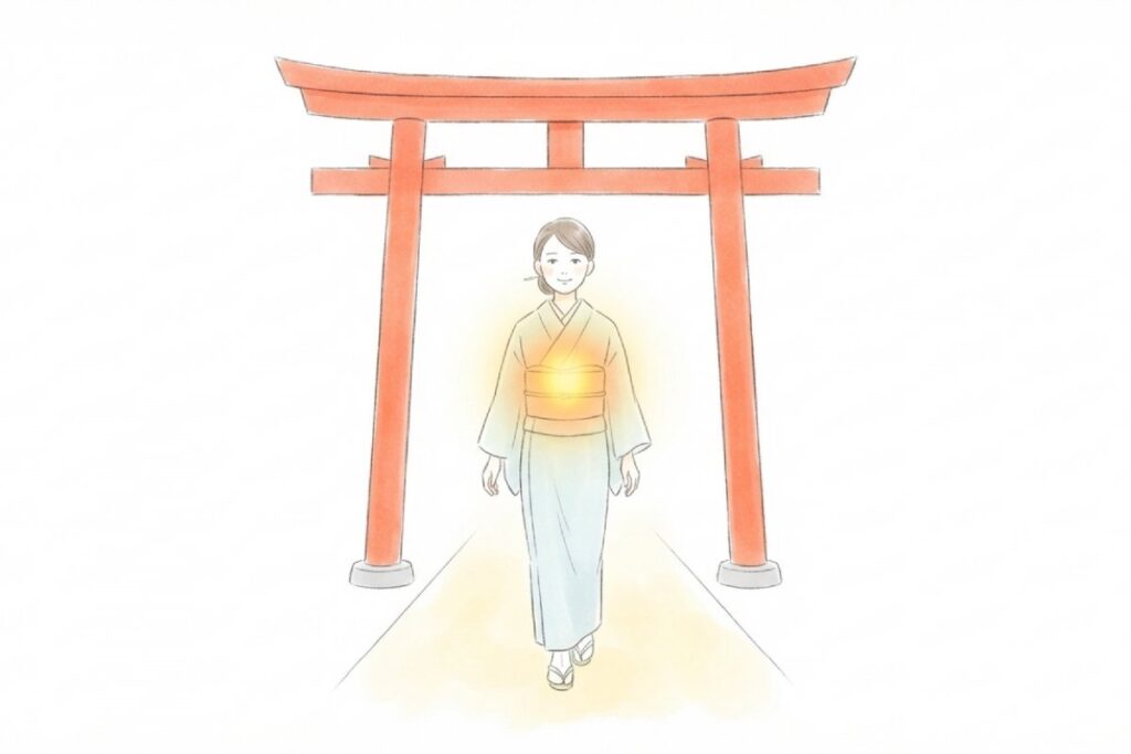 喪中でも状況に応じて初詣や厄払いを検討する場面として、鳥居の下を歩く参拝者を描いたイラスト