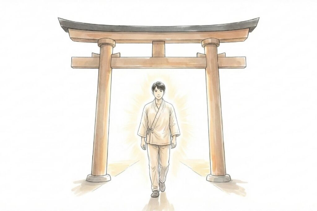 忌明け後に神社参拝を再開するイメージとして、鳥居をくぐって参道を歩く参拝者を描いたイラスト