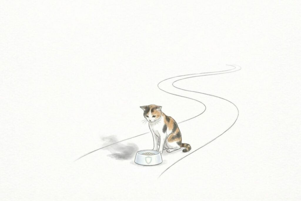 道の途中でフード皿の前に座る猫のイラスト。腎臓病の予防・初期から進行期まで段階に合わせた食事選びを表す