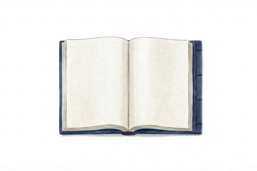 見開きの本が中央に置かれ、余白の多い白背景で描かれたイラスト。遺書として語られる物語や、助数詞に意味を読み取る語りの雰囲気が伝わる場面