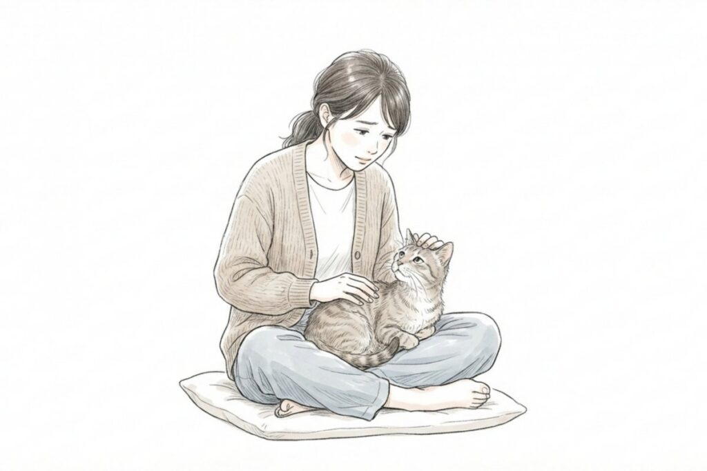 飼い主が猫を優しくなでて寄り添うイラスト。腎臓病の不安や「フードが悪い」という誤解より状態に合う選択が大切と伝える