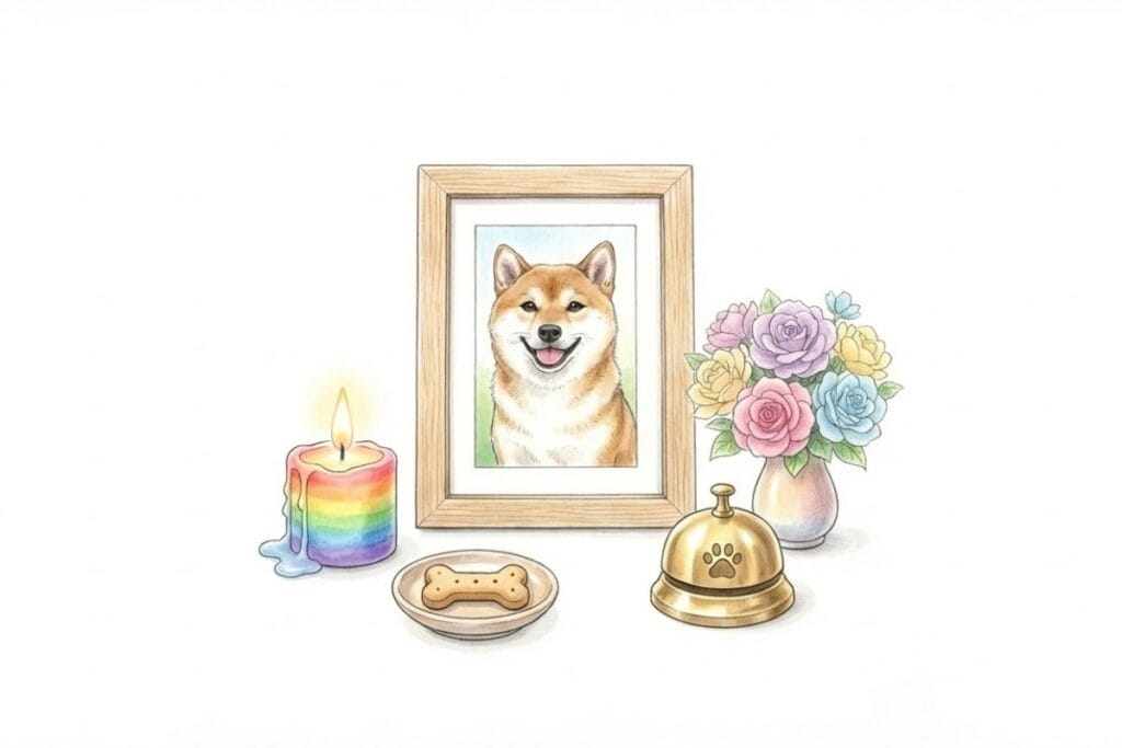 木枠の写真立ての前に虹色のろうそく、花束、骨型のおやつ皿、おりんが整然と並ぶ供養スペースの絵。ペットの四十九日を虹の橋らしく供養する小さな祭壇の雰囲気が伝わる。