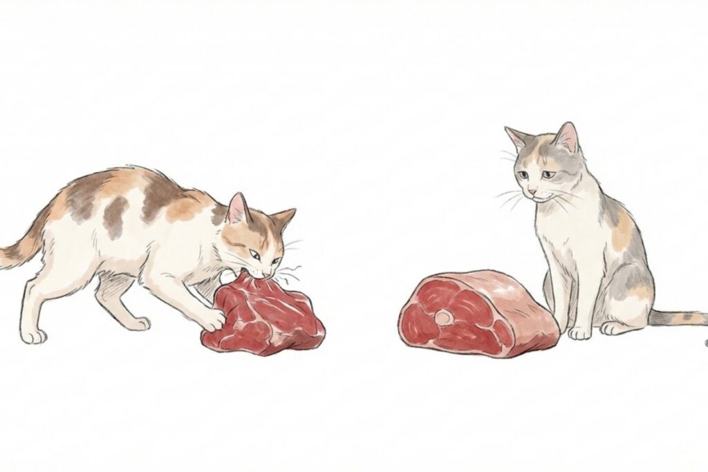 猫が生肉の塊に興味を示すイラスト。高タンパクな食事は猫の腎臓病では負担になる可能性があることを示唆する