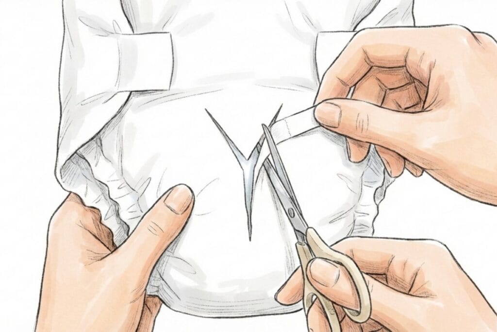 紙おむつにY字の切れ込みを入れる手元の挿絵。尻尾穴の切り方とポリマー飛散防止の加工