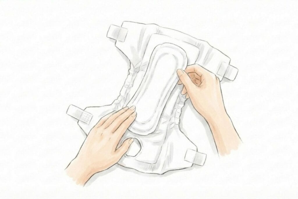 開いた紙おむつに長いパッドを重ねて敷く挿絵。軟便や下痢の背中漏れを抑えるパッド活用