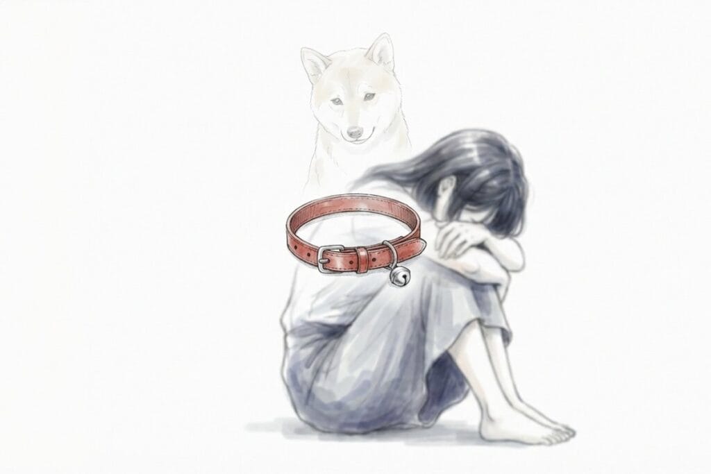 広い白背景に、座り込んで顔を伏せる女性と背後に重なる白い犬の姿、手前の首輪が大きく描かれた絵。虹の橋は嘘なのか迷う気持ちと、宗教的な矛盾の捉え方にそっと寄り添う。