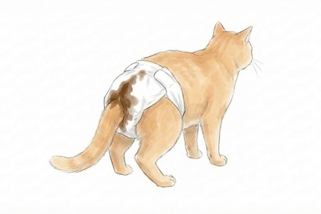 猫の後ろ姿で、紙おむつに便が付着している挿絵。猫のオムツのうんち漏れ対策をイメージした場面