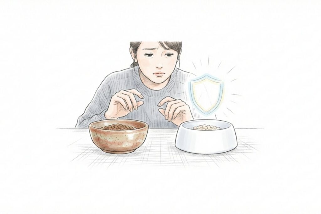 2つのフード皿を前に悩む飼い主のイラスト。猫の腎臓病ではリン制限など成分の違いで療法食を選ぶ重要性を示す