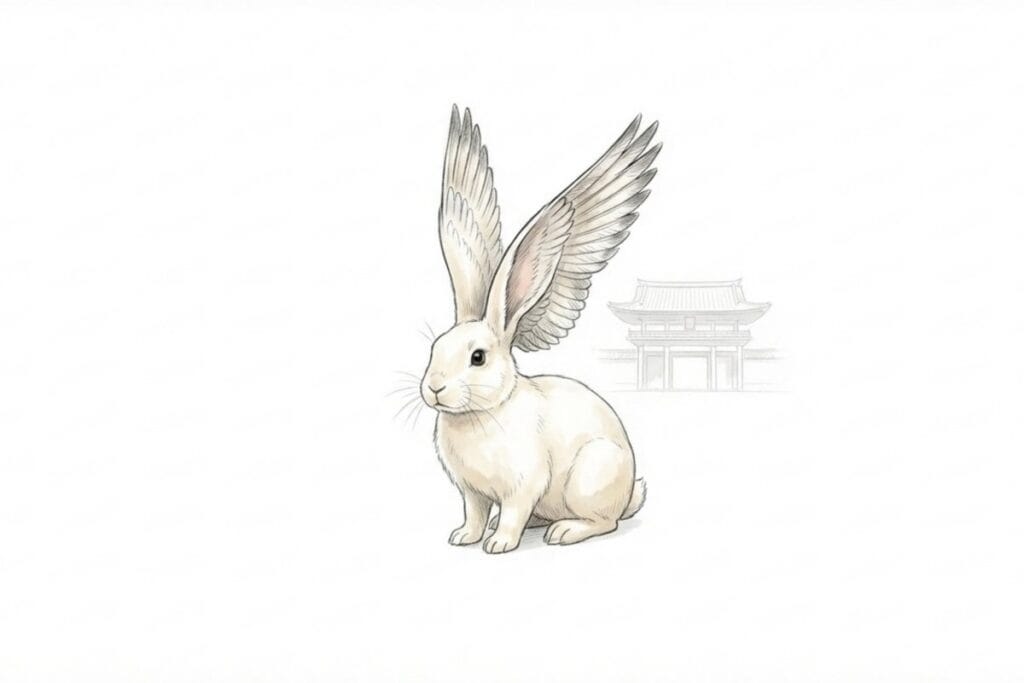 大きな耳が翼のように立ったウサギが中央に描かれ、奥に門のシルエットが薄く見えるイラスト。ウサギを「一羽」と数える言い回しに関わる見た目の特徴が分かる場面