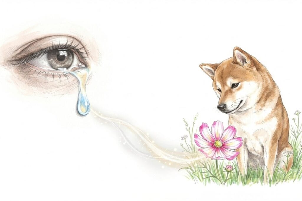 左に涙が落ちる目元、右に花のそばで座る犬を配置し、余白に淡い光の粒が漂うイラスト。虹の橋の世界観に合わせたお供えの花やお菓子を選ぶ気持ちに寄り添う構図として使える。