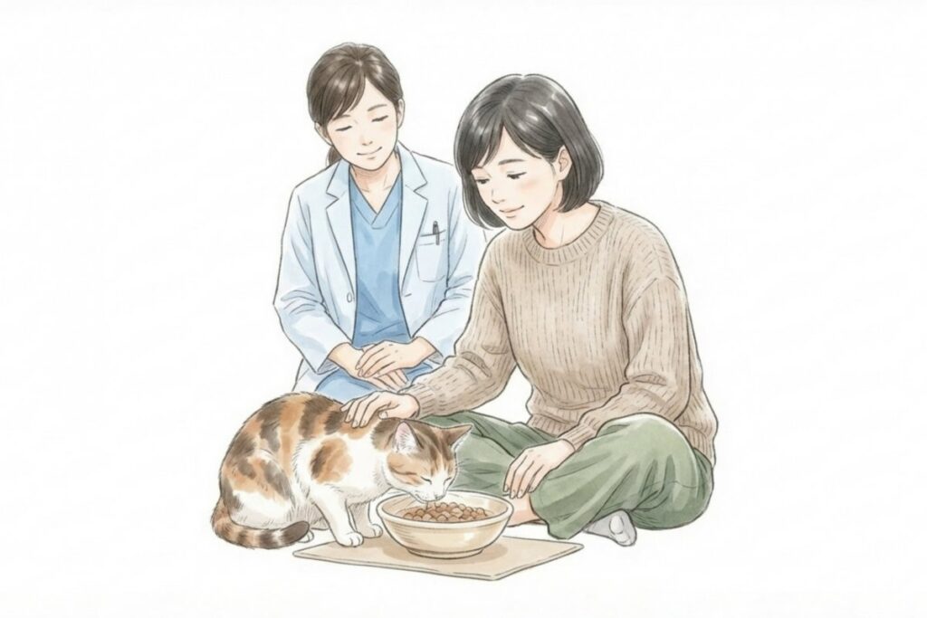獣医師と飼い主が見守る中で猫が食事をするイラスト。腎臓病のステージに合わせたフード選びと獣医師相談の大切さを表す