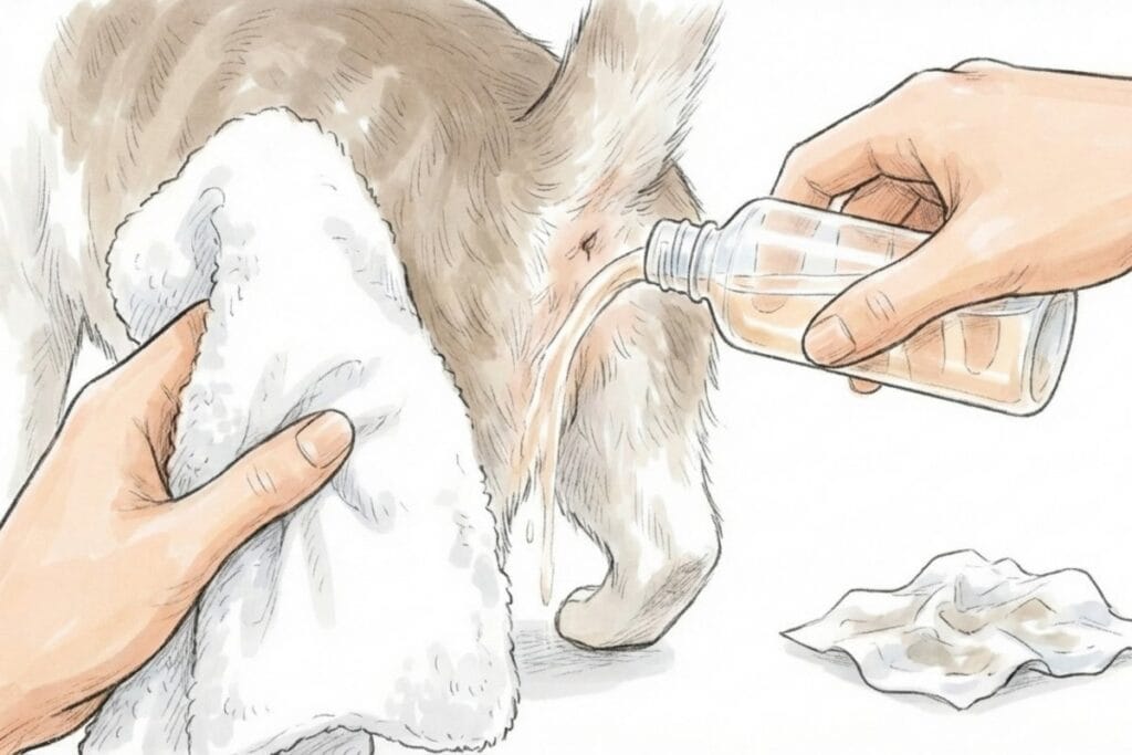 尻周りにぬるま湯を注ぎ、タオルで受ける手元の挿絵。かぶれ対策として拭くより洗うスキンケア