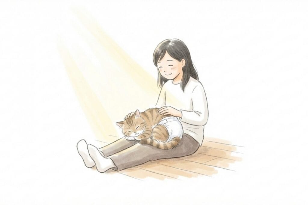 床に座る人物が、紙おむつを着けた猫を撫でている挿絵。オムツを嫌がる猫の慣らし方とストレスケア