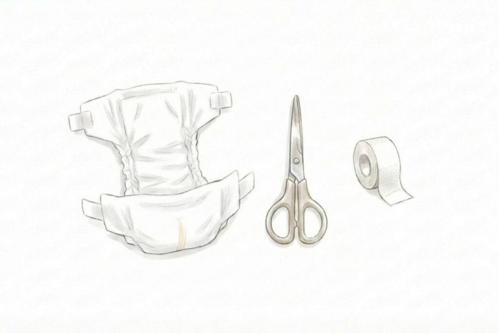 赤ちゃん用おむつとハサミ、テープを並べた挿絵。人間用オムツの代用と加工手順の準備イメージ