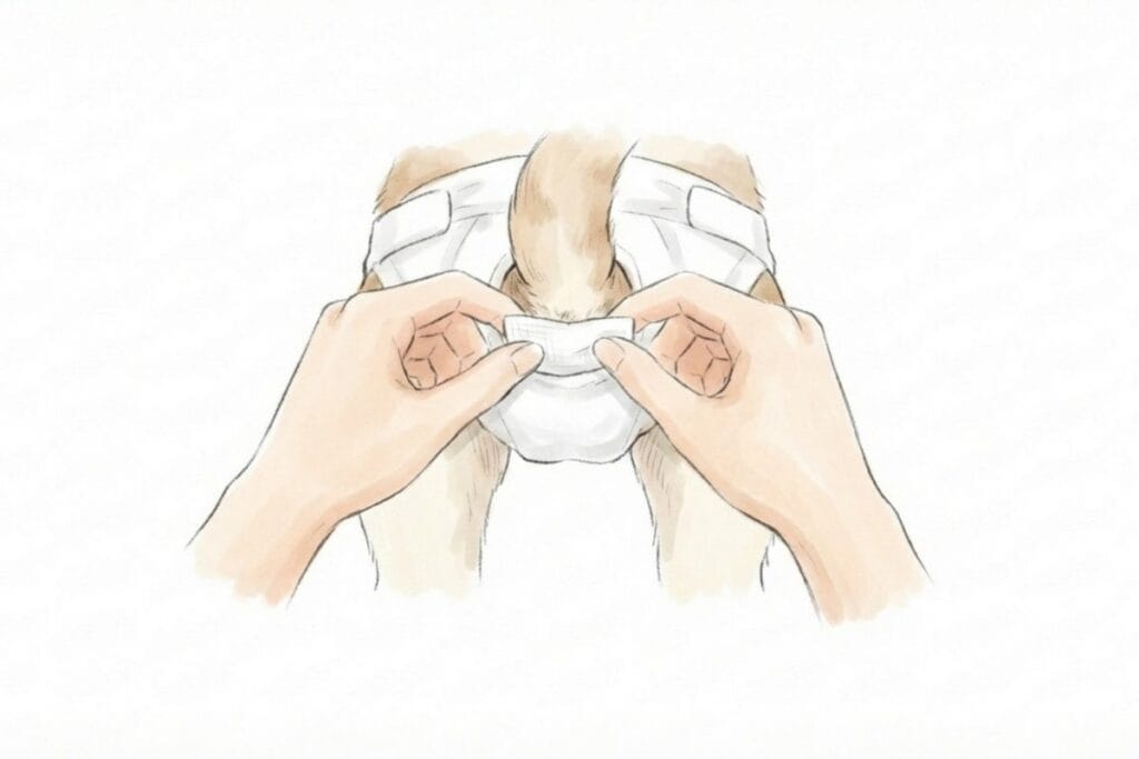 紙おむつの尻尾穴を両手でつまみ、隙間を狭める挿絵。尻尾穴の調整で固形便の落下を防ぐ工夫