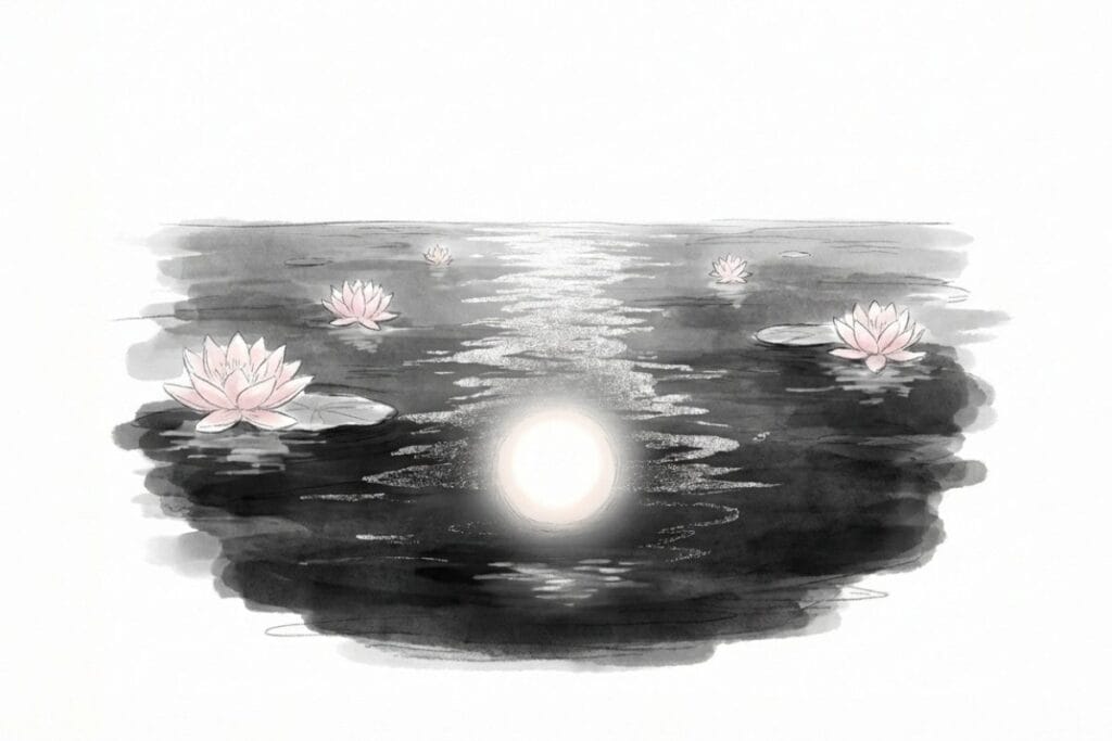 静かな水面に淡いピンクの蓮の花が点在し、中央の白い光が水面に道筋のように反射する水彩風の絵。中陰としての四十九日と、虹の橋の世界観を落ち着いて思い比べたいときに合う。