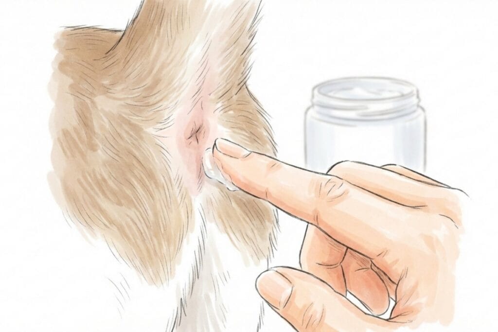 指先で肛門周りに軟膏を塗り、容器が横にある挿絵。ワセリンで皮膚保護し排泄汚れを弾くケア