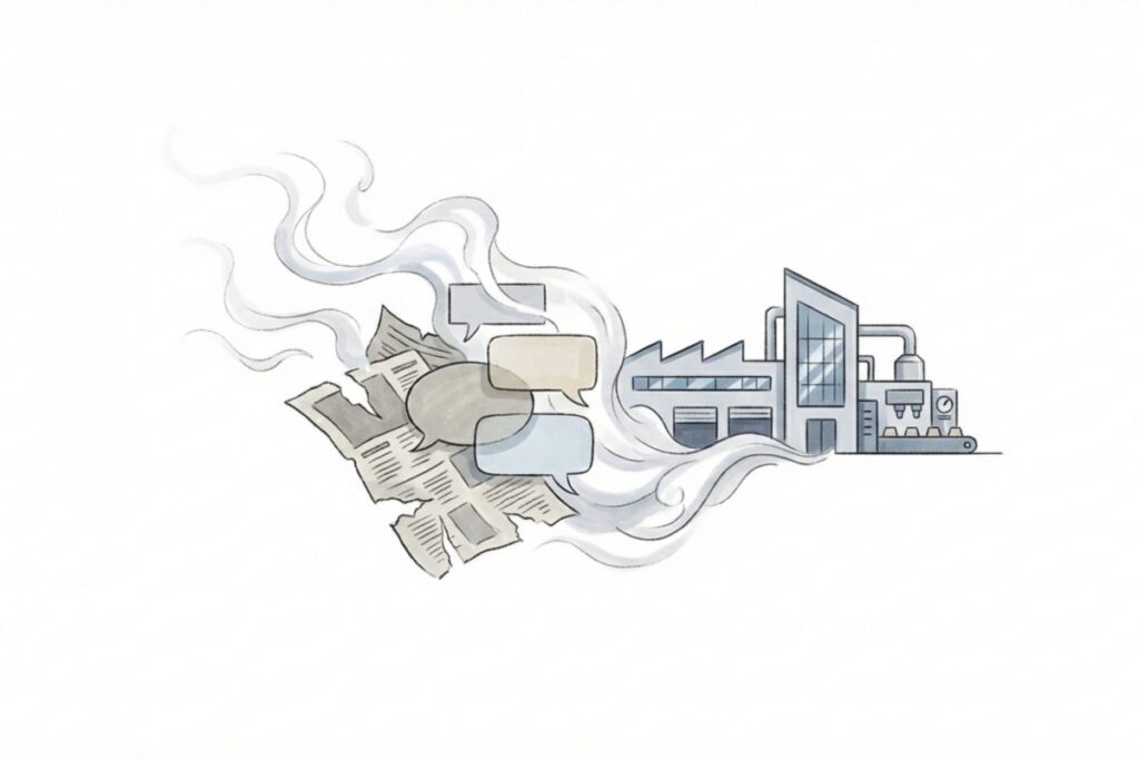 工場と新聞・口コミの吹き出しが漂うイラスト。ペットフードのリコール情報の確認と、現在の品質管理体制をチェックするイメージ