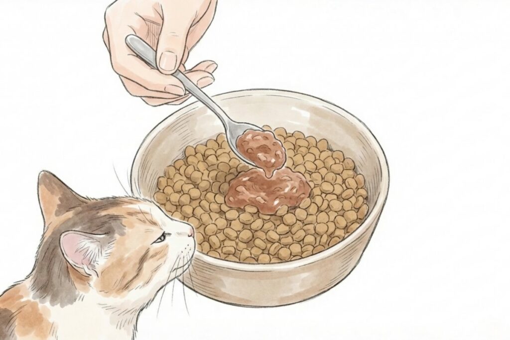 ドライフードにウェットをスプーンで混ぜるイラスト。猫の腎臓ケアで食欲や食いつきを支える工夫(トッピング)を表す