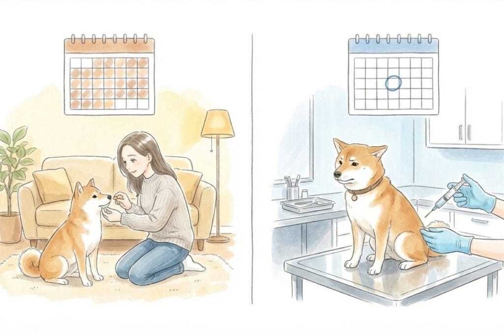 カレンダーを背景に、毎日決まった時間に愛犬へ薬を与える飼い主のイラスト