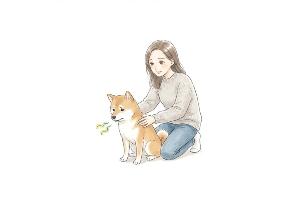 気分が悪そうにしている柴犬と、背中をさすって介抱する飼い主のイラスト