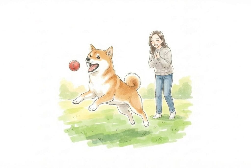 公園で元気にボール遊びをする柴犬と、手を叩いて喜ぶ飼い主のイラスト