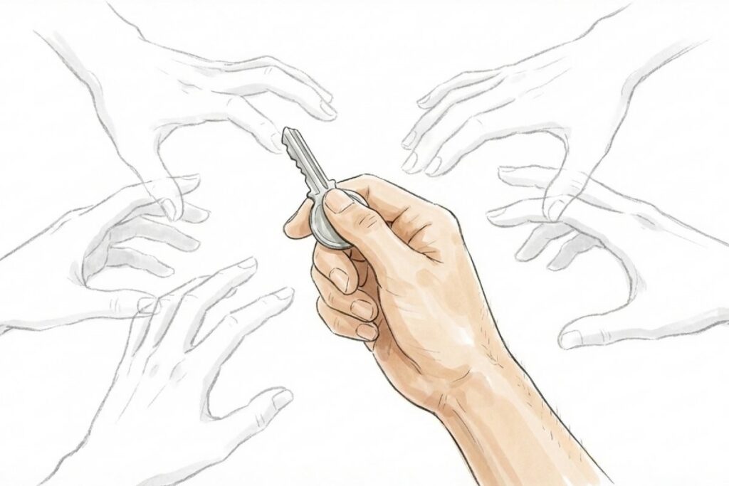 鍵を持つ手に、周囲から複数の手が伸びるイラスト。合鍵の管理ミスやプライバシー侵害など、ペットシッターの鍵トラブルを示す。