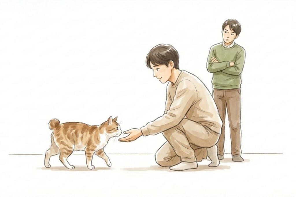 飼い主が見守る中でシッターが猫に近づくイラスト。事前の顔合わせで相性や対応を確認し、ペットシッターのミスマッチを防ぐイメージ。