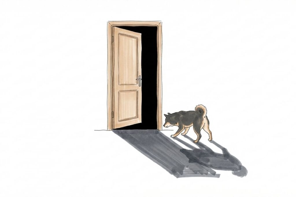 開いたドアの外へ犬が出ていくイラスト。散歩中や入退室時の脱走・事故など、ペットシッターの命に関わるトラブル注意点を表現。