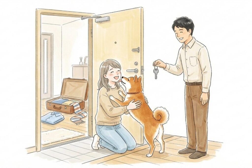 帰宅した飼い主と犬、鍵を持つシッターのイラスト。事前確認とルール決めでペットシッターのトラブルを減らし、安心して任せる結論を表現。