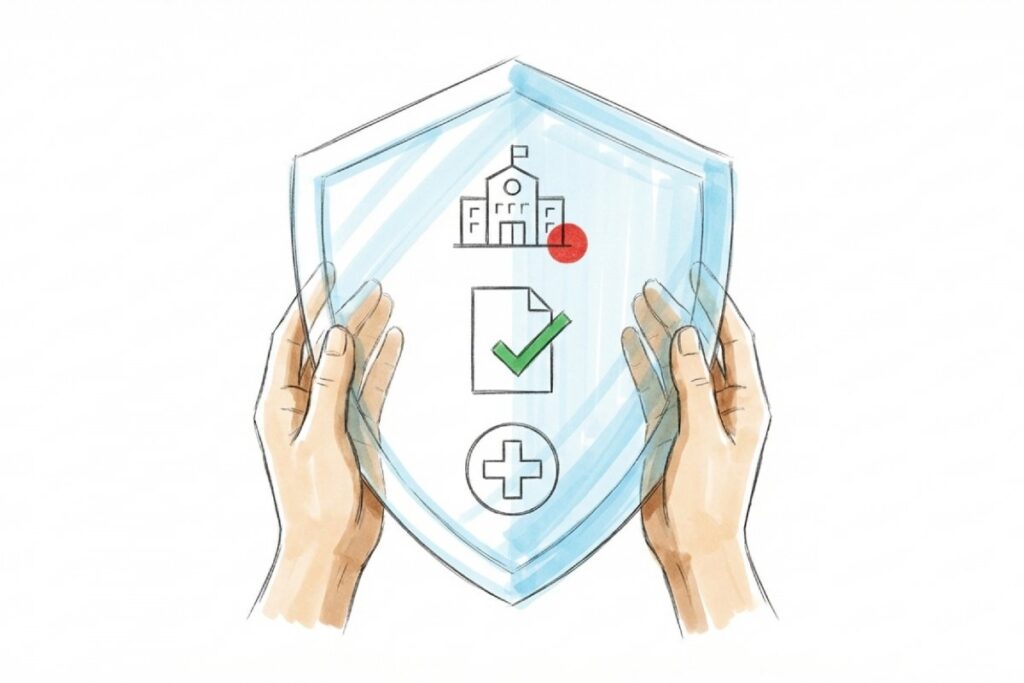 書類のチェックや医療マークを盾で守るイラスト。動物取扱業の登録、保険、緊急対応など、ペットシッター選びの確認基準を表現。