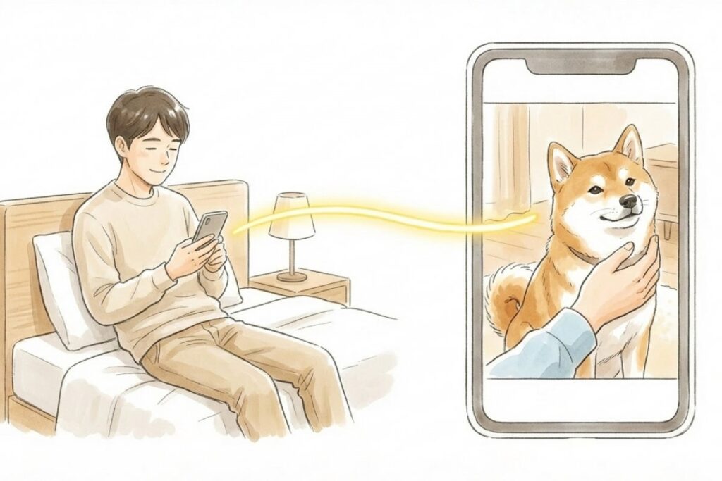 スマホでペットの様子を確認する飼い主と、画面越しに犬を撫でるシーンのイラスト。くらしのマーケット等で依頼・報告を受けるイメージ。