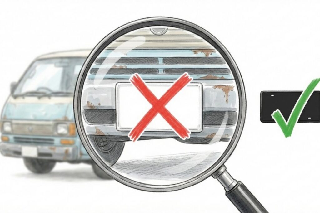 白ナンバーの無許可営業を避けて黒ナンバーを確認する重要性を、×印と✓印で表したナンバープレートのイラスト