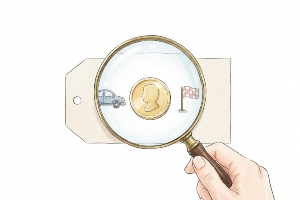 ペットタクシー料金の内訳を確認するイメージで、虫眼鏡で価格タグと硬貨をチェックするイラスト