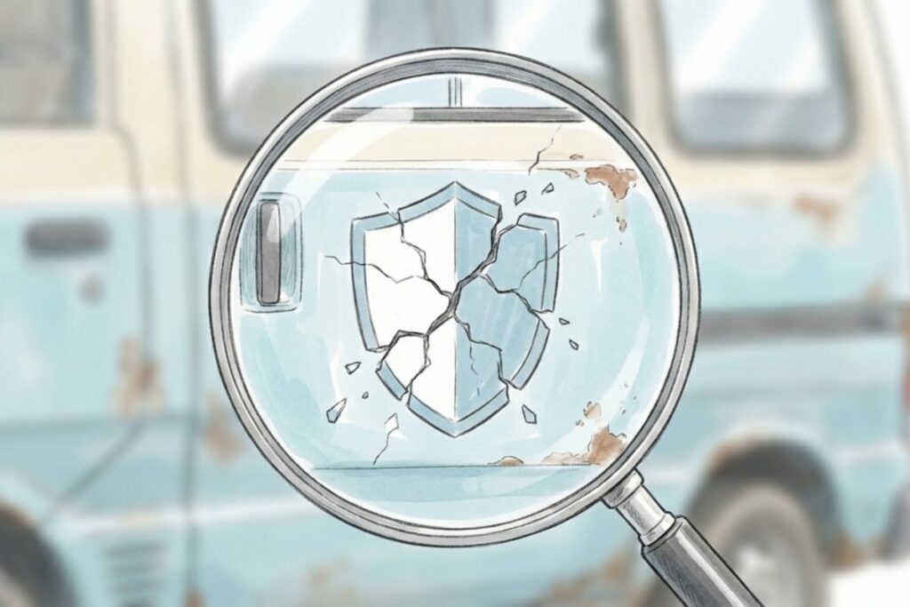 格安ペットタクシーの補償不足リスクを示す、ひび割れた盾マークを虫眼鏡で確認するイラスト