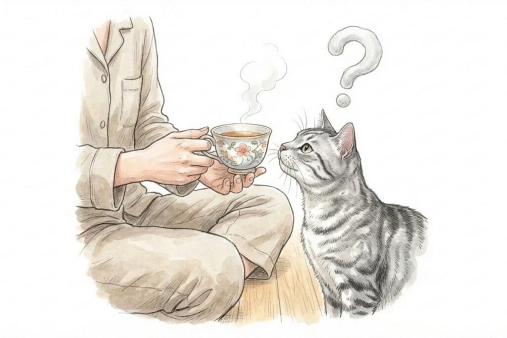 湯気の立つ湯のみを両手で持つ人が床に座り、猫が見上げて不思議そうな表情をしている。猫にお茶は平気かという疑問と、カフェインや成分の影響など獣医学的な注意点を考える場面。