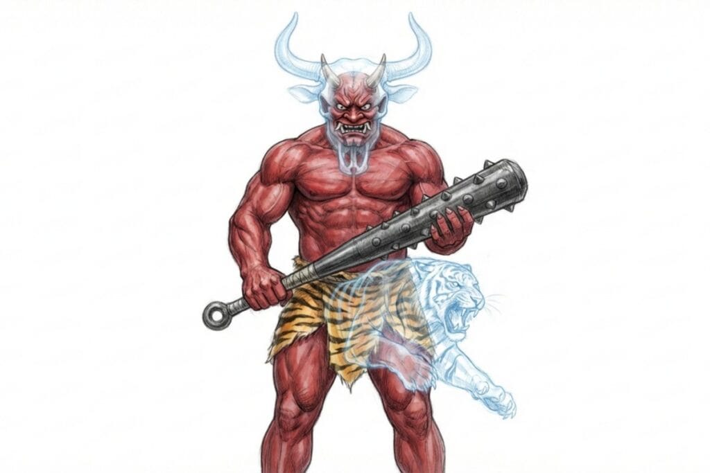 牛の角を生やした鬼が金棒を持ち、腰に虎柄が重なるイラストで丑寅の要素が見える。十二支と鬼門の関係から鬼の造形を説明する内容とつながる構図