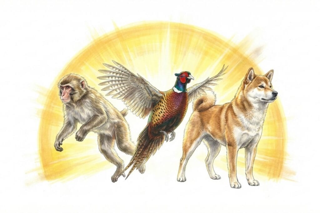 猿・キジ・犬が並び立ち、背後に大きな光の円が広がるイラストで三匹の存在感が強調される。犬猿キジの組み合わせが物語の要点として印象に残る締めの一枚