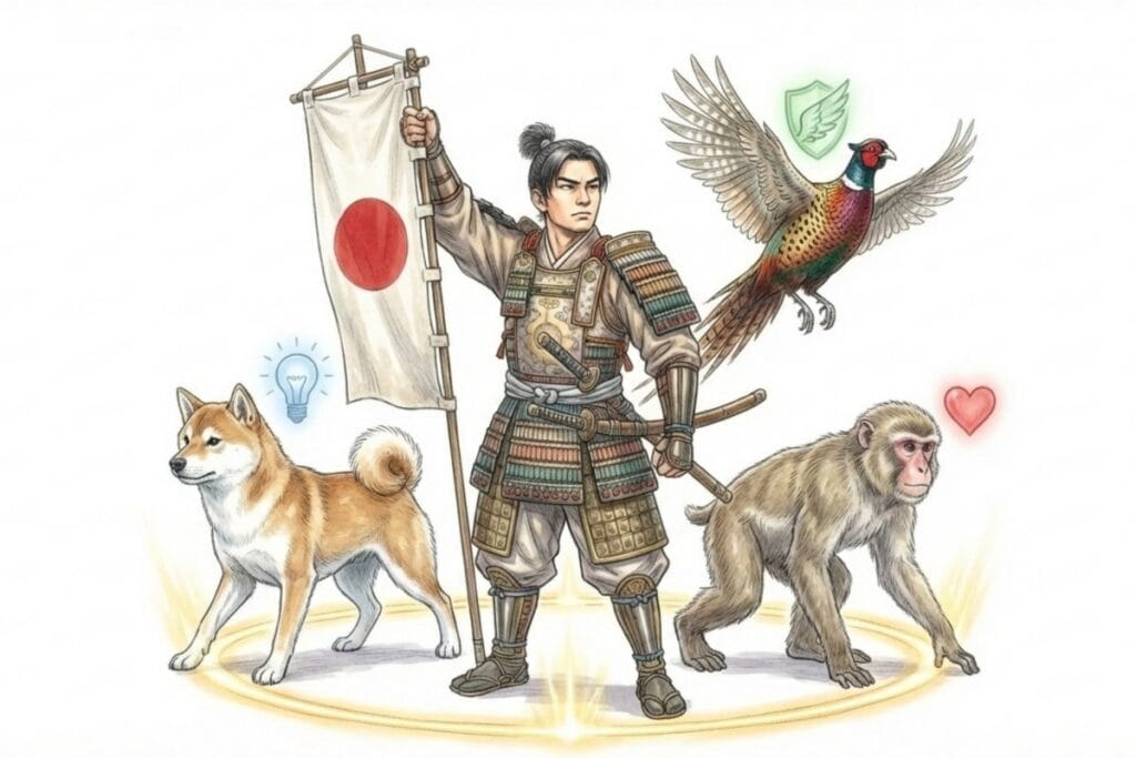 旗を掲げた人物の周囲に犬・猿・キジが立ち、電球や盾、ハートの記号が添えられた構図。多様な強みを役割分担して動かすチーム論の比喩として読み取れる場面