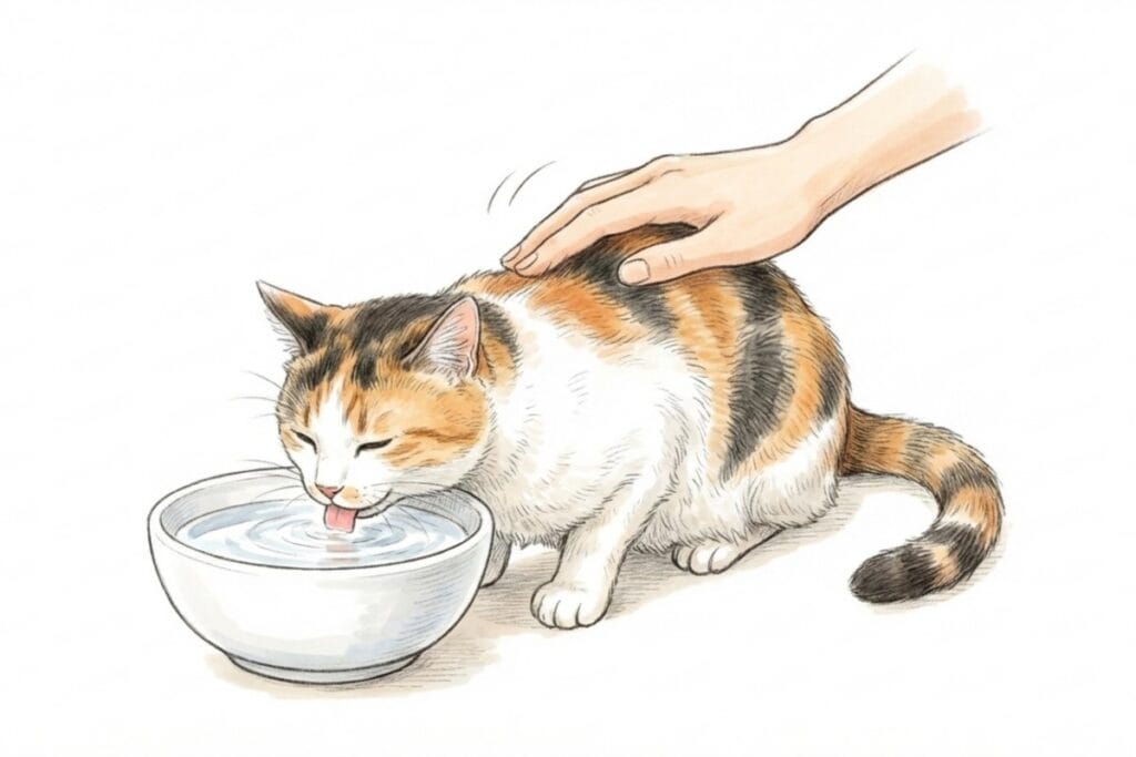 水を飲む三毛猫の背中を人の手がそっと撫で、水面の波紋が見える器が手前に置かれている。お茶ではなく新鮮な水で守るという結論と、日々の水分補給を整える方向性が伝わる。